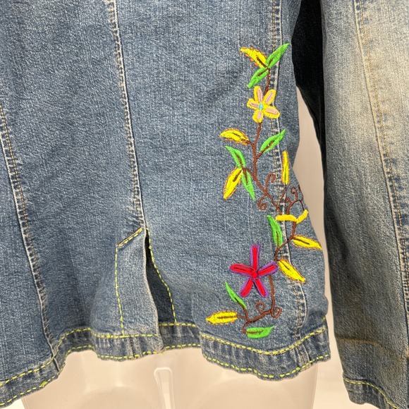 Boston Proper Womens Denim‎ Jacket Small Blazer Embroidered Birds Flowers Boho - Picture 6 of 14